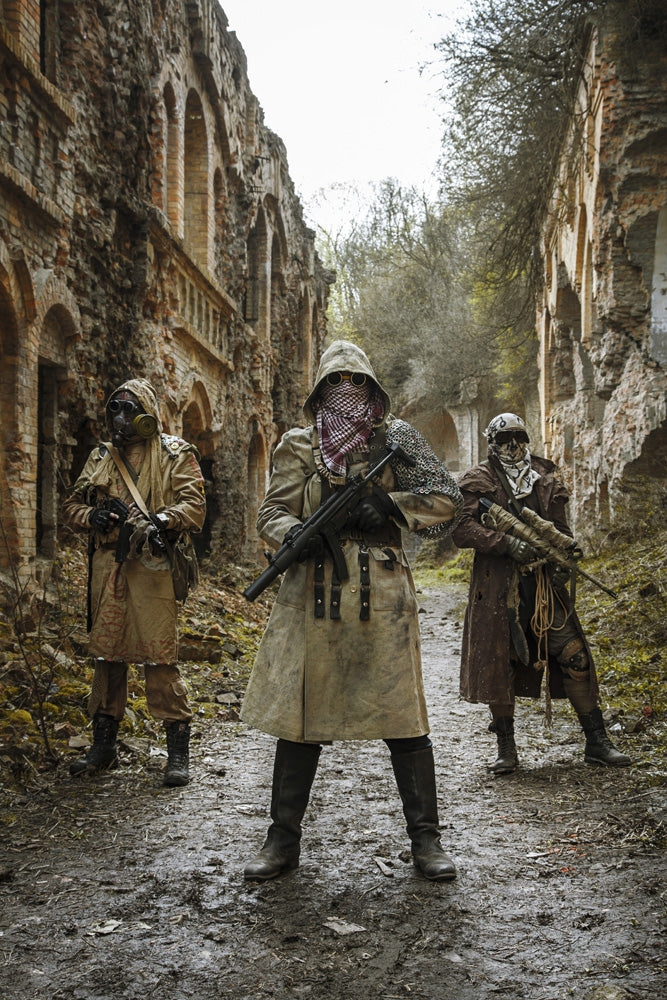 Post-apocalypse survivors in gas masks artwork print by Oleg Zabielin