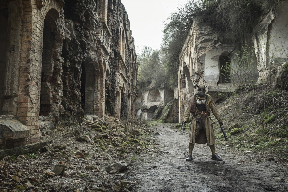 Post-apocalypse survivor in gas mask on ruins, Oleg Zabielin poster print.