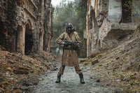 Post-apocalypse survivor in gas mask standing in ruins - Art Poster Print