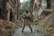 Post-apocalypse survivor in gas mask standing in ruins - Art Poster Print