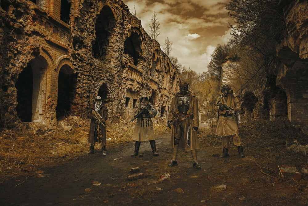 Nuclear post-apocalypse survivors in gas masks on city ruins.