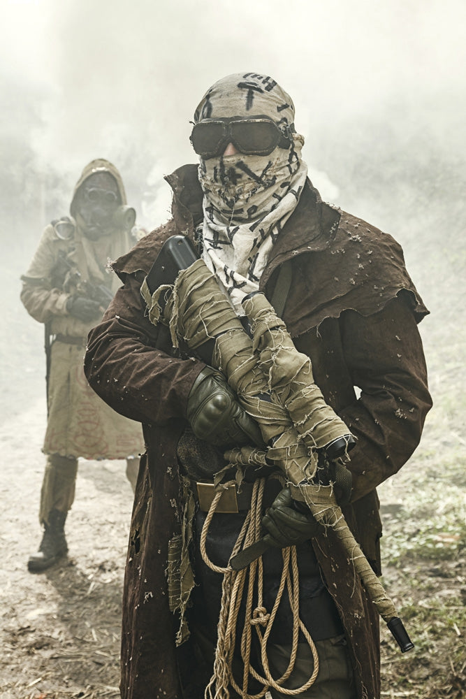 Nuclear post-apocalypse survivors in a destroyed city poster print by Oleg Zabielin.