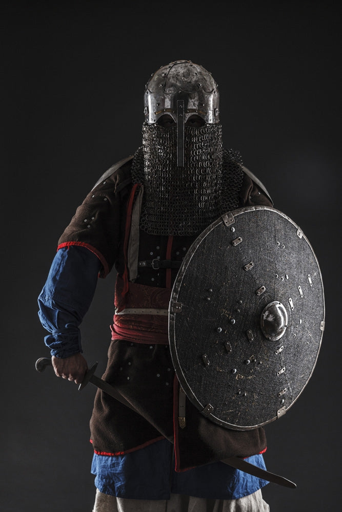 Mongol horde warrior in armor holding a traditional saber poster print.