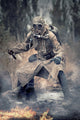 Post-apocalyptic survivor in gas mask standing in destroyed city ruins.