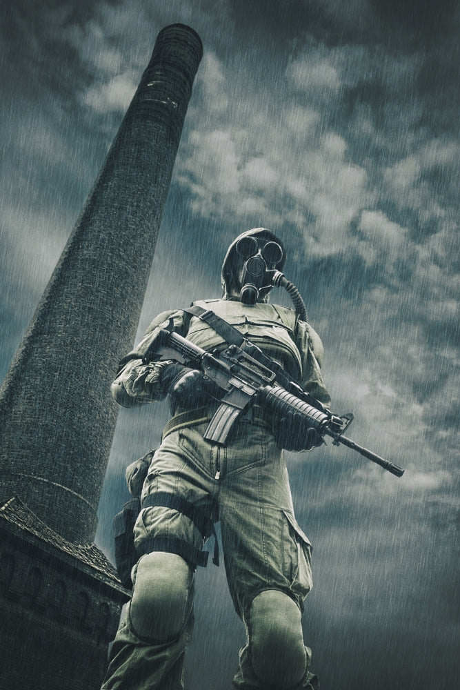 Post-apocalyptic survivor in gas mask on city ruins art print
