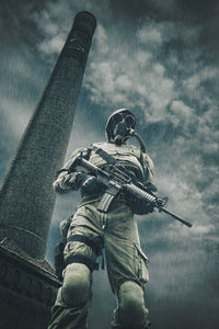 Post-apocalyptic survivor in gas mask on city ruins art print