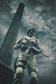 Post-apocalyptic survivor in gas mask on city ruins art print