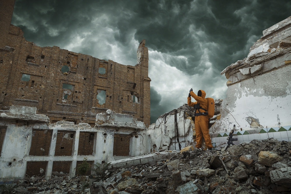 Post Apocalypse Scientist Researcher Poster Print by Oleg Zabielin showcasing ruins of a destroyed city.