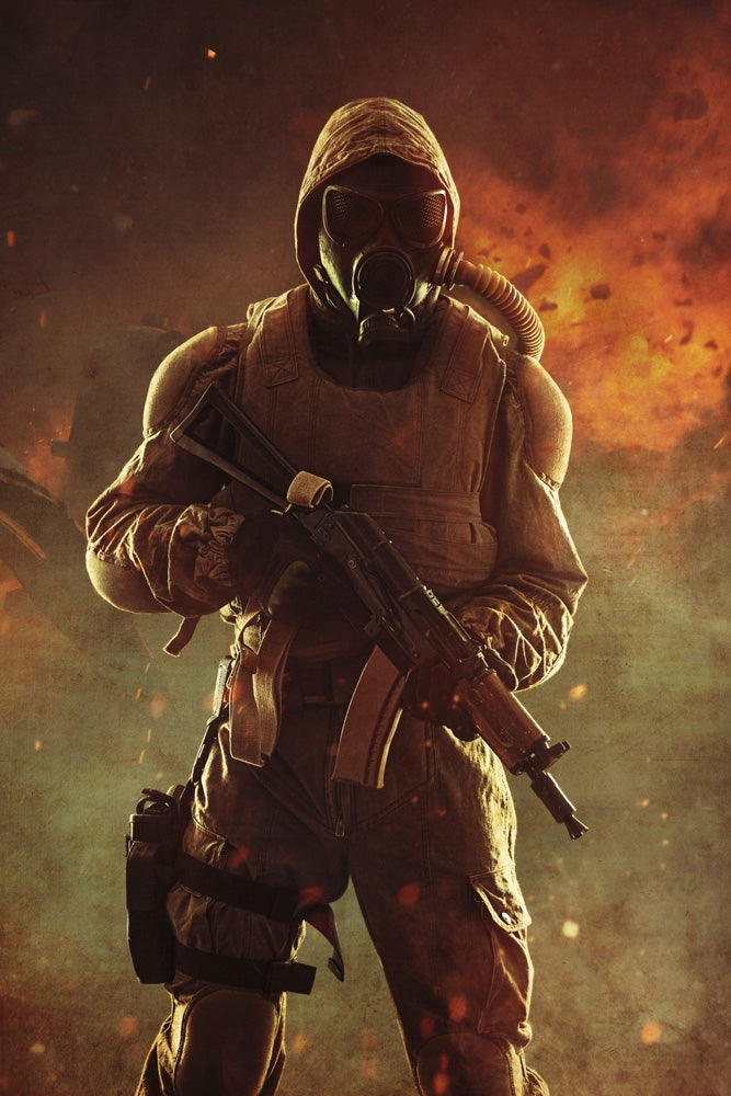Post-Apocalypse Survivor with Weapons and Gas Mask Poster Print by Oleg Zabielin.