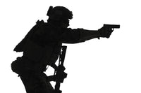 Silhouette of a U.S. Marine Corps Marsoc raider aiming pistol poster print.