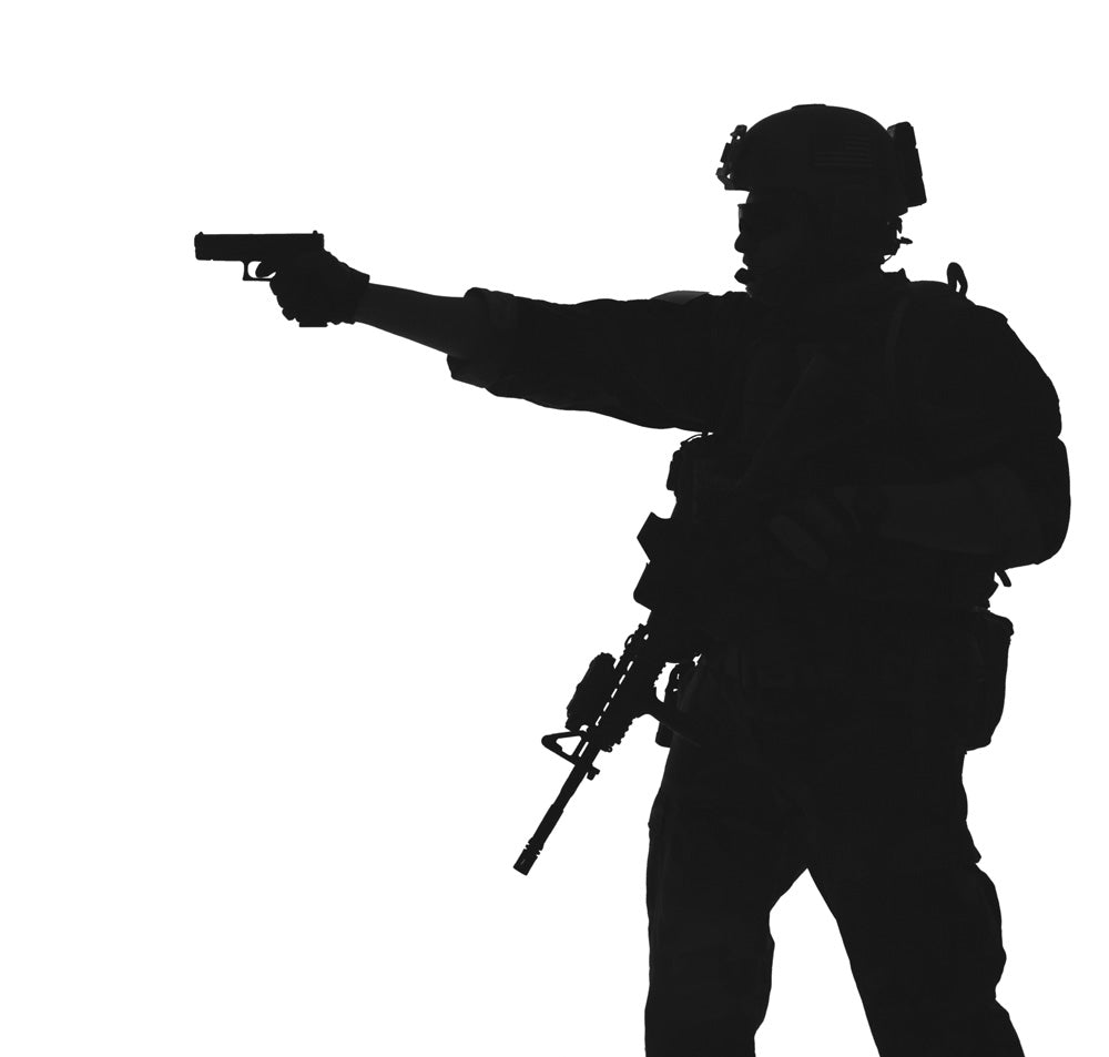 Silhouette of a U.S. Marine Corps Marsoc Raider aiming pistol poster print.