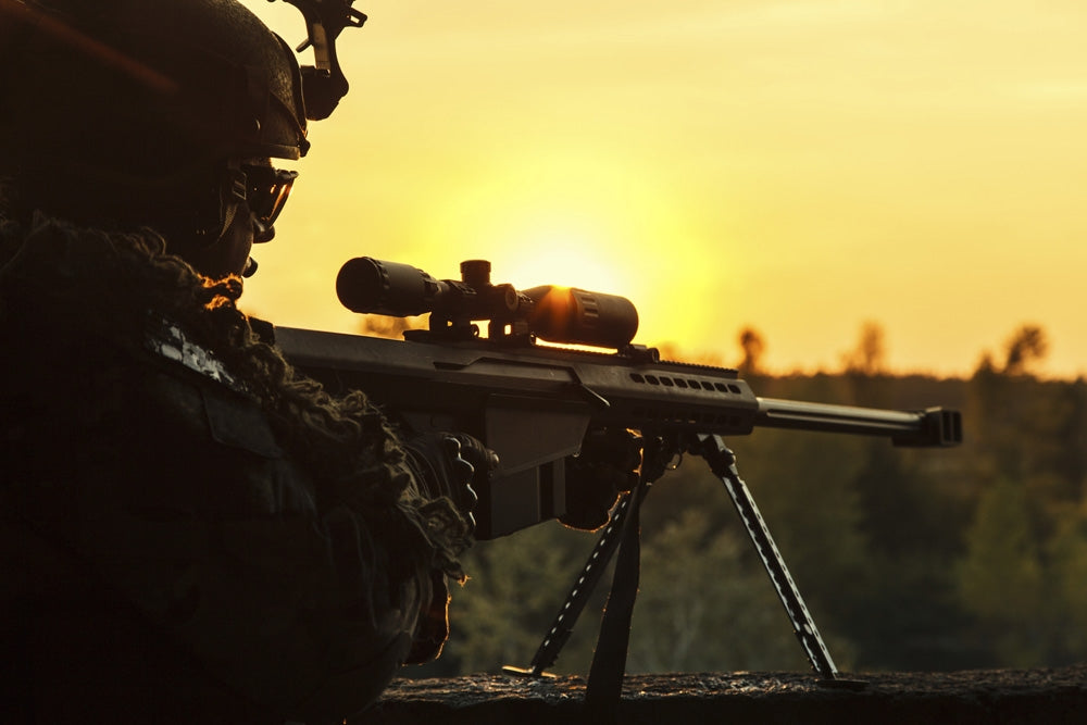 Silhouette of Army Sniper Poster Print by Oleg Zabielin, sunset background.