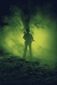 Army sniper with large caliber rifle poster print by Oleg Zabielin, depicting action in fire and smoke.