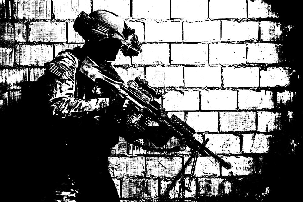 U.S. Army Ranger with machine gun and night vision goggles poster print