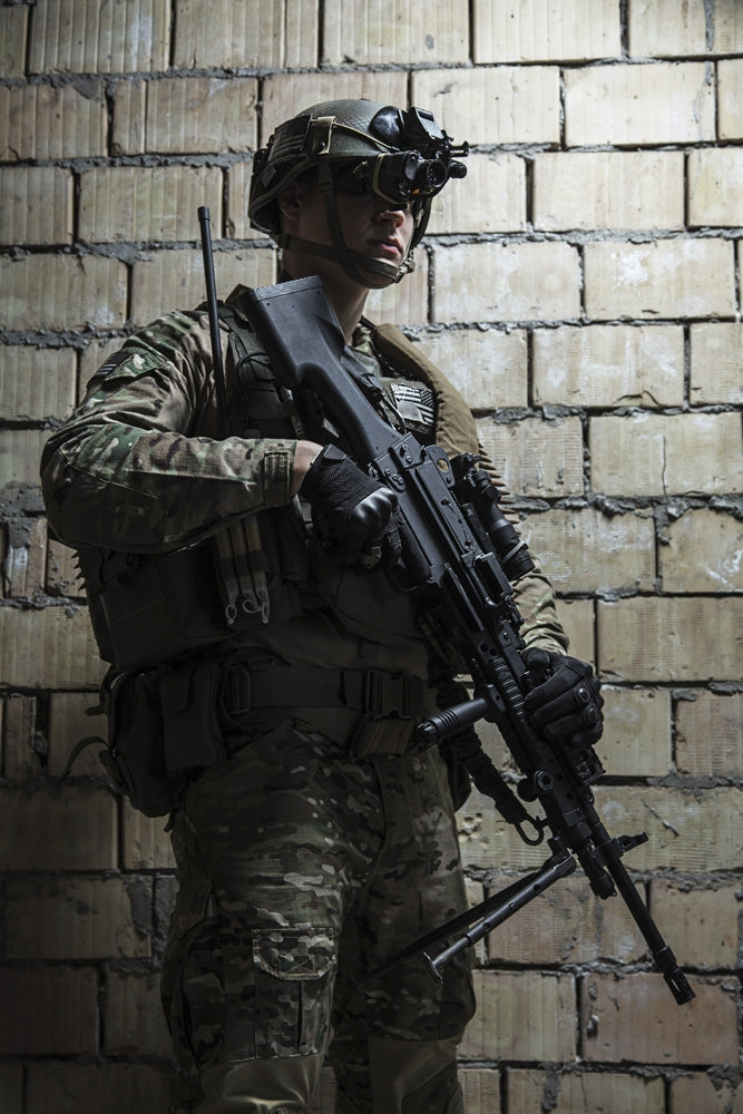 U.S. Army Ranger with machine gun and night vision goggles poster print.