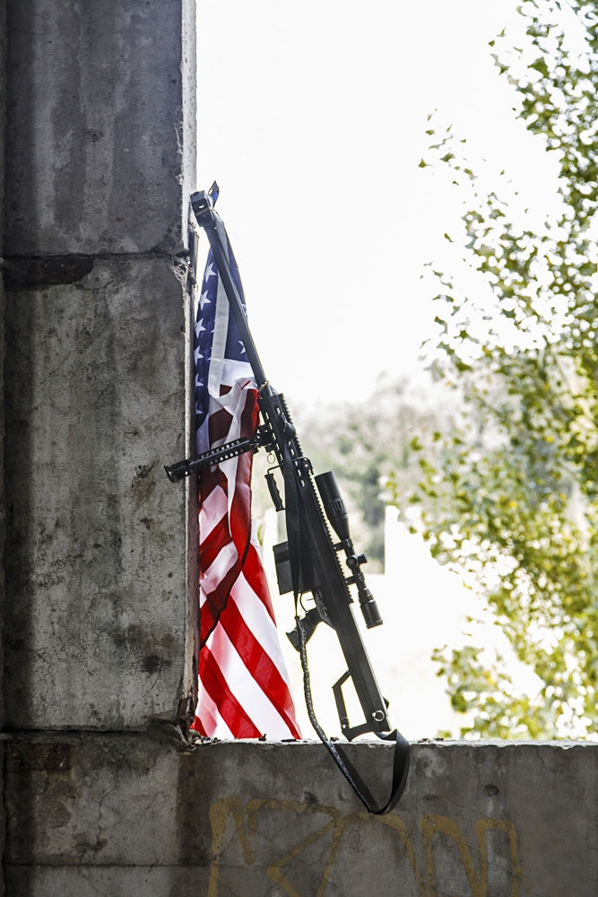 Large Caliber Sniper Rifle with U.S. Flag Poster Print by Oleg Zabielin