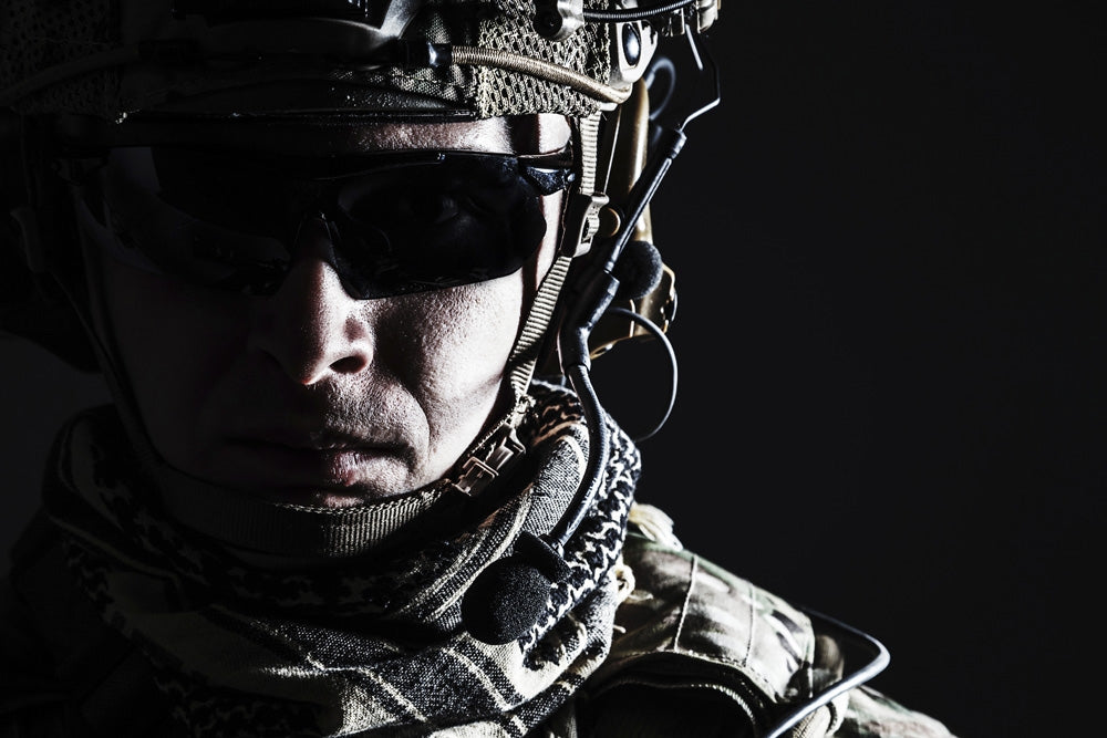 Elite U.S. Army Ranger in combat helmet and dark glasses poster print.