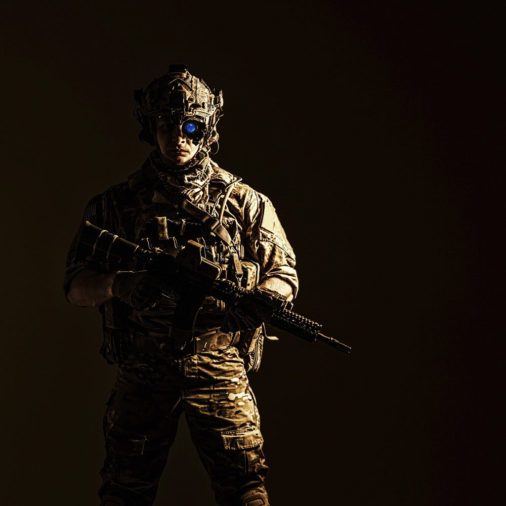 Elite U.S. Army Ranger in combat helmet and night vision device poster print.