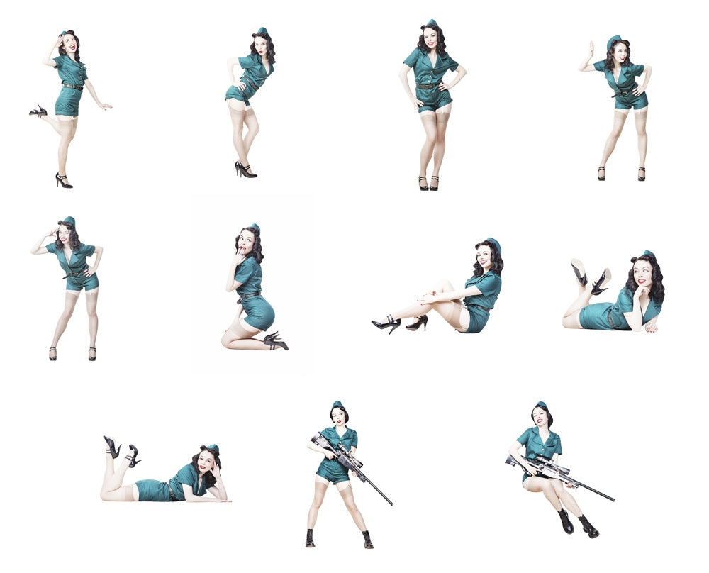 Sexy brunette pin-up girls in military clothing poster print