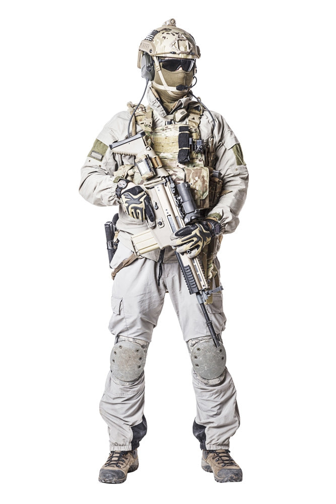 Army soldier in Protective Combat Uniform holding assault rifle Poster Print by Oleg Zabielin