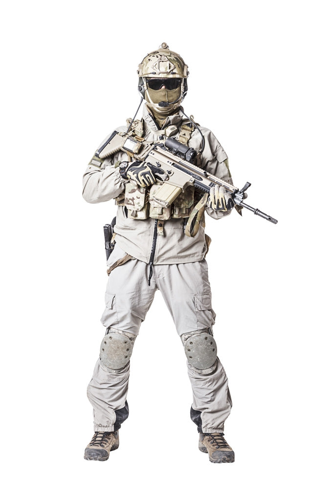 Army soldier in protective combat uniform holding assault rifle poster print by Oleg Zabielin