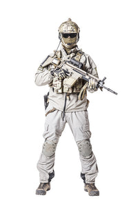 Army soldier in protective combat uniform holding assault rifle poster print by Oleg Zabielin