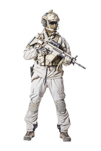 Army soldier in protective combat uniform holding assault rifle poster print