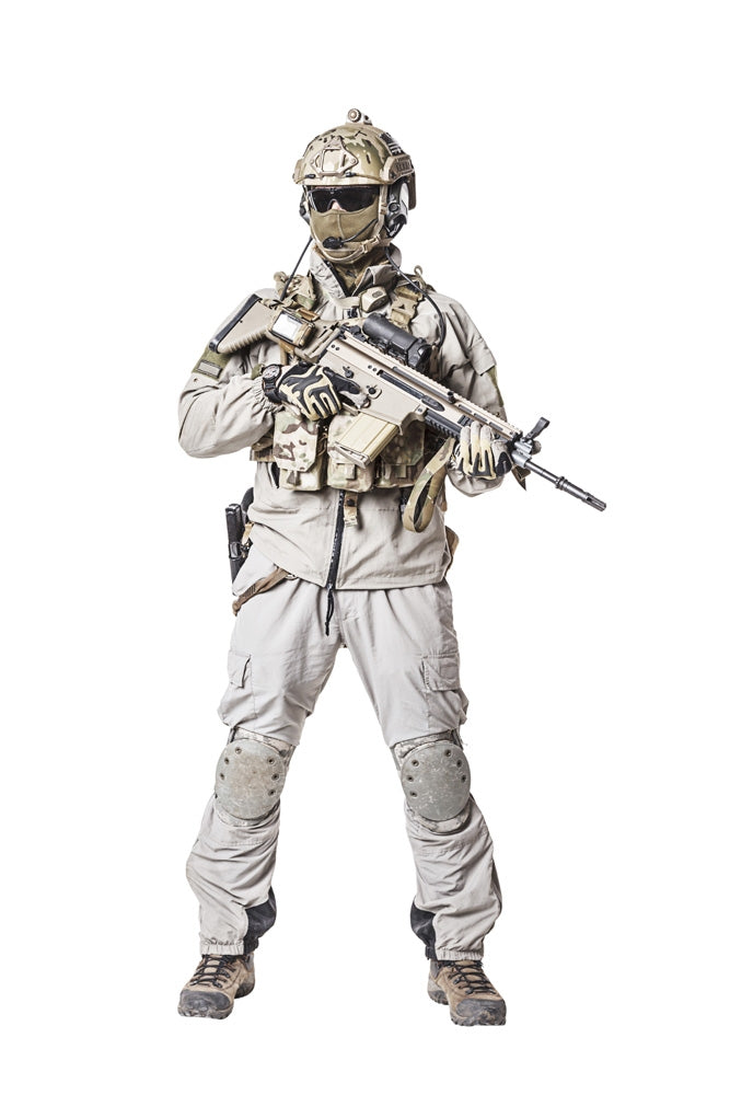 Army soldier in protective combat uniform holding assault rifle poster print by Oleg Zabielin.