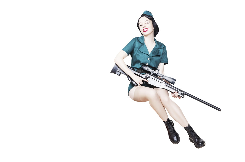 Beautiful pin-up girl with sniper rifle in military attire art print