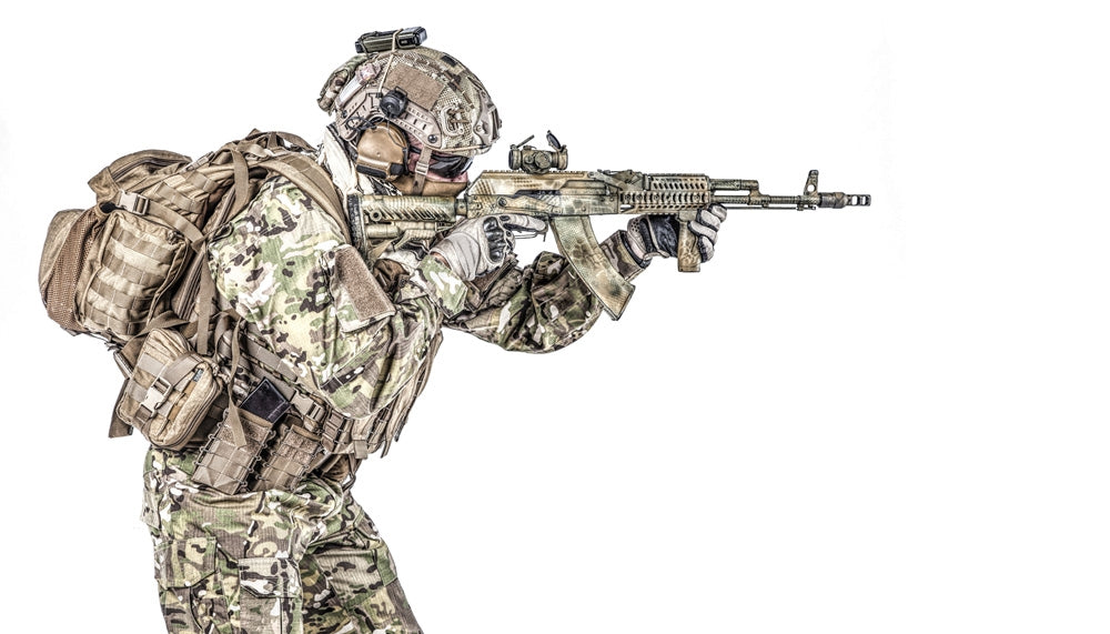 Operator of Russian special operations forces shooting a Kalashnikov assault rifle poster print.