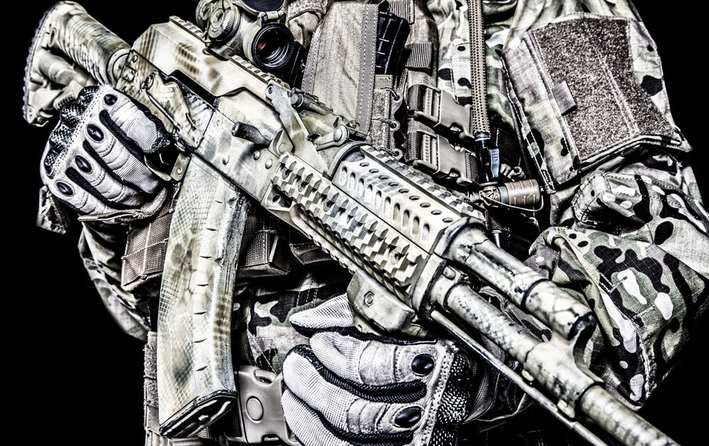 Kalashnikov rifle close-up poster print held by Army special forces soldier.