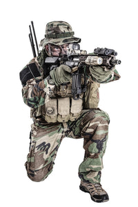 U.S. Special Forces soldier in camouflage uniform shooting in kneeling position - Poster Print