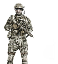 Front view studio shot of special forces soldier in field uniform with weapon poster print.