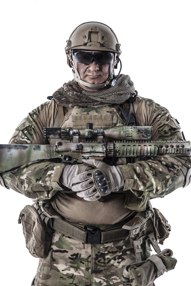 Half-length portrait of a muscular soldier in field uniform with sniper rifle poster print.