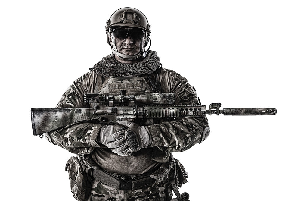 Half-length portrait of muscular soldier in field uniform with sniper rifle poster print by Oleg Zabielin.