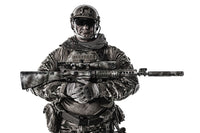 Half-length portrait of muscular soldier in field uniform with sniper rifle poster print by Oleg Zabielin.