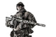 Half-length portrait of a muscular soldier in field uniform with sniper rifle.
