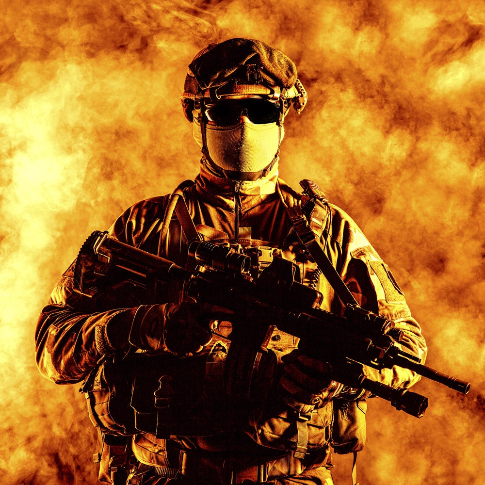 French Paratrooper with Weapon Poster Print by Oleg Zabielin set against a fiery background.