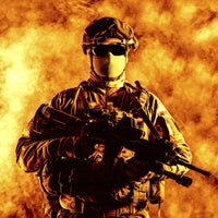 French Paratrooper with Weapon Poster Print by Oleg Zabielin set against a fiery background.