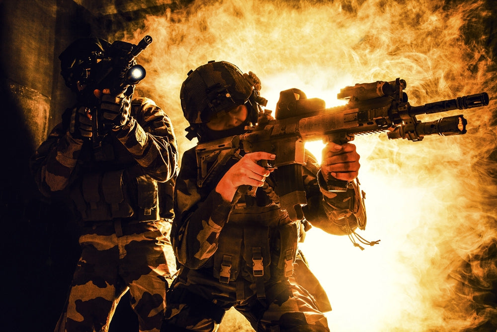 Paratroopers of French 1st Marine Infantry Parachute Regiment firing weapons poster print by Oleg Zabielin.