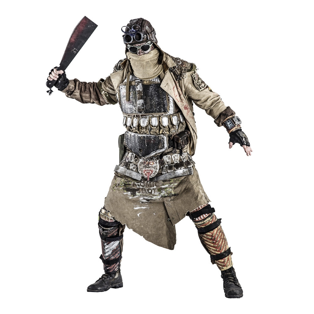 Evil creature wearing a gas mask holding a blood-stained machete poster print by Oleg Zabielin.
