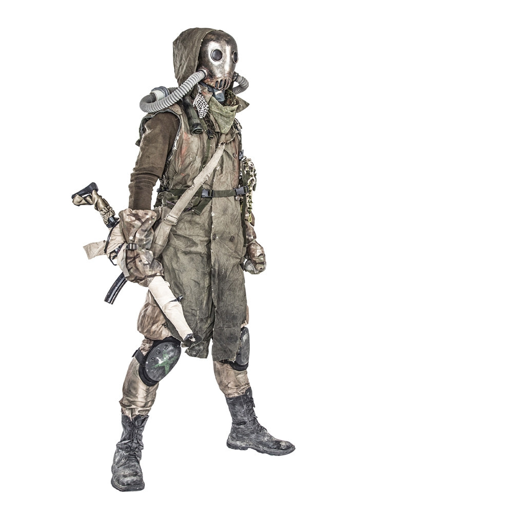 Post-apocalypse survivor in tattered clothing and gas mask with handmade firearm poster print
