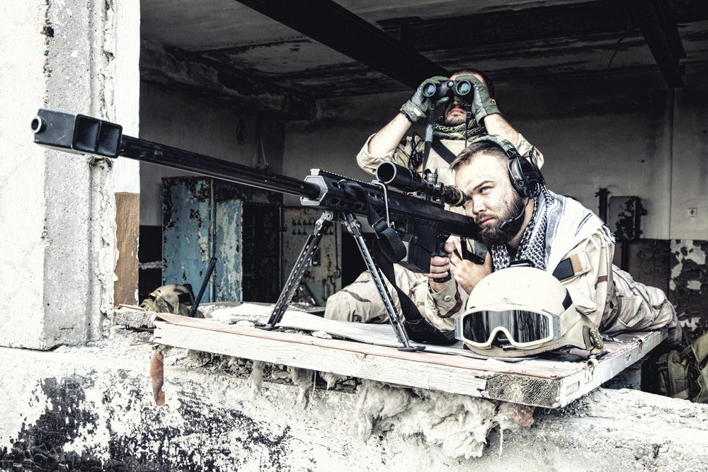 Navy SEAL sniper team engaging targets from a ruined building poster print by Oleg Zabielin.