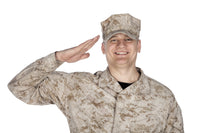 Studio portrait of smiling soldier giving hand salute poster print