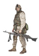 Soldier in camouflage combat uniform with a machine gun poster print.