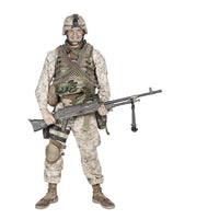 Soldier in camouflage combat uniform standing with machine gun poster print