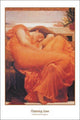 Flaming June Art Print by Sir Frederic Leighton showcasing a serene figure in orange hues.