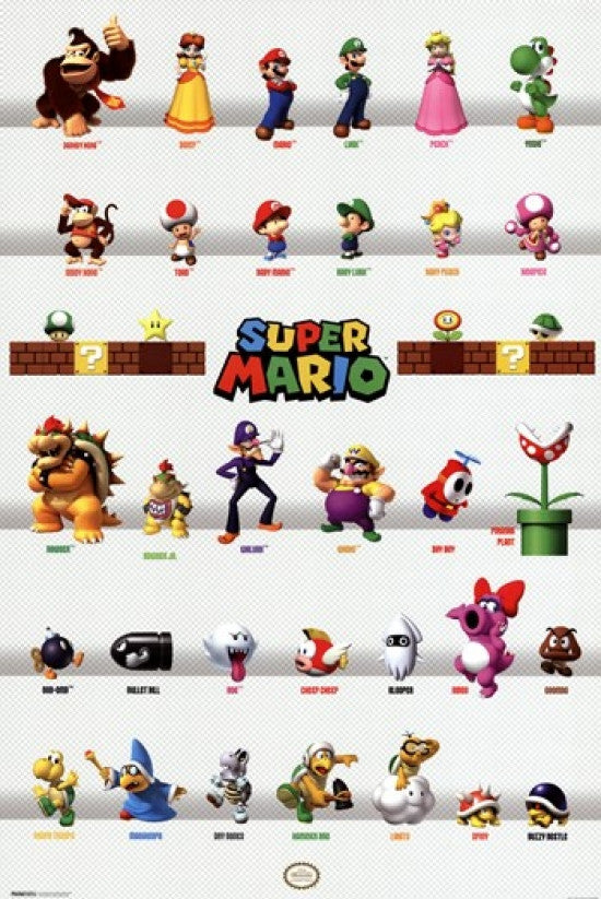 Mario Characters Poster Print - Fun Gaming Decor 24x36
