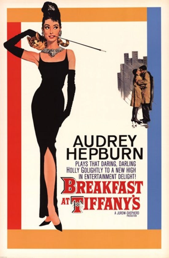 Breakfast at Tiffany's Movie Poster featuring Audrey Hepburn in classic cinema style.
