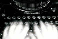 Close-up of a person's hands typing on a typewriter poster print